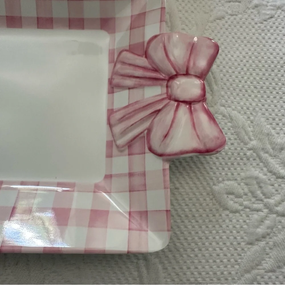 NWT Shabby Chic Pink White Gingham Rectangular Melamine Sandwich Tray Platter